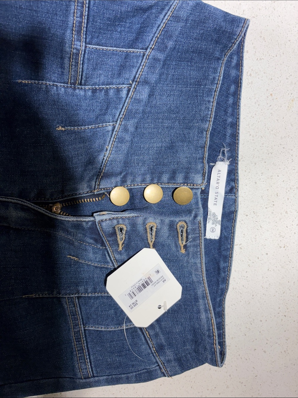 Altar'd State Dark Blue High-Rise Jeans with Gold Buttons